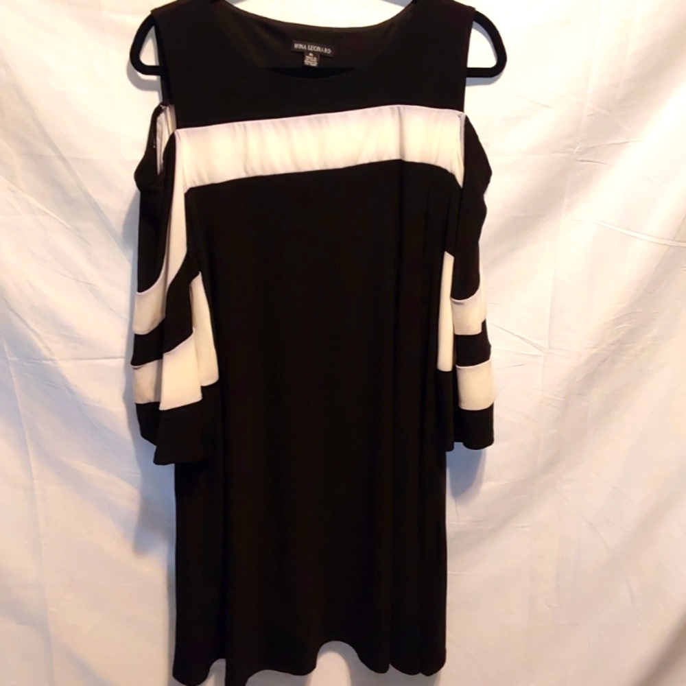 Nina Leonard Cold-shoulder Black and White Dress